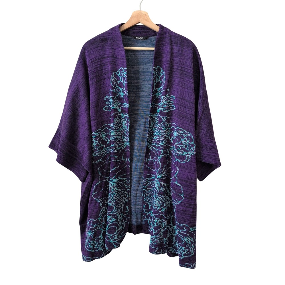 Misook Womens Purple Teal Floral Intarsia Knit Open Cardigan Wrap One Size OS‎